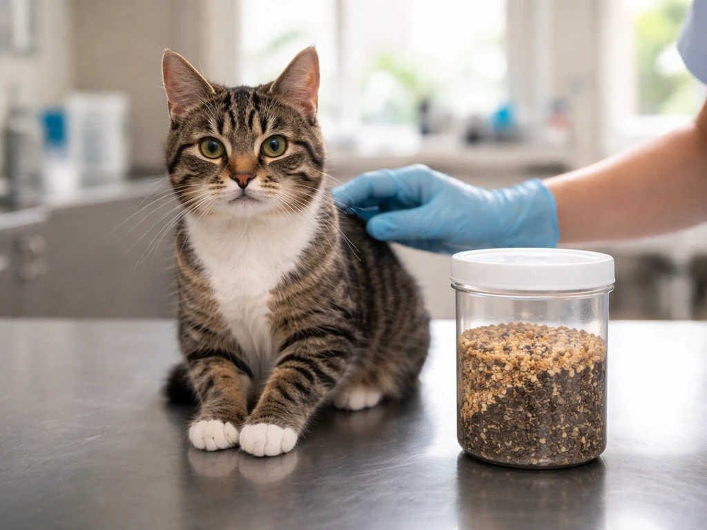 Cat on exam table beside a sealed container of bird seed, suggesting urgent vet assessment.