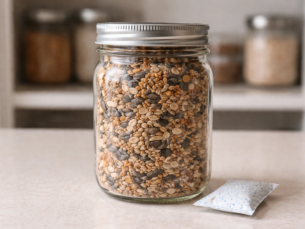 Sealed glass jar of bird seed with desiccant on a clean, dry countertop.
