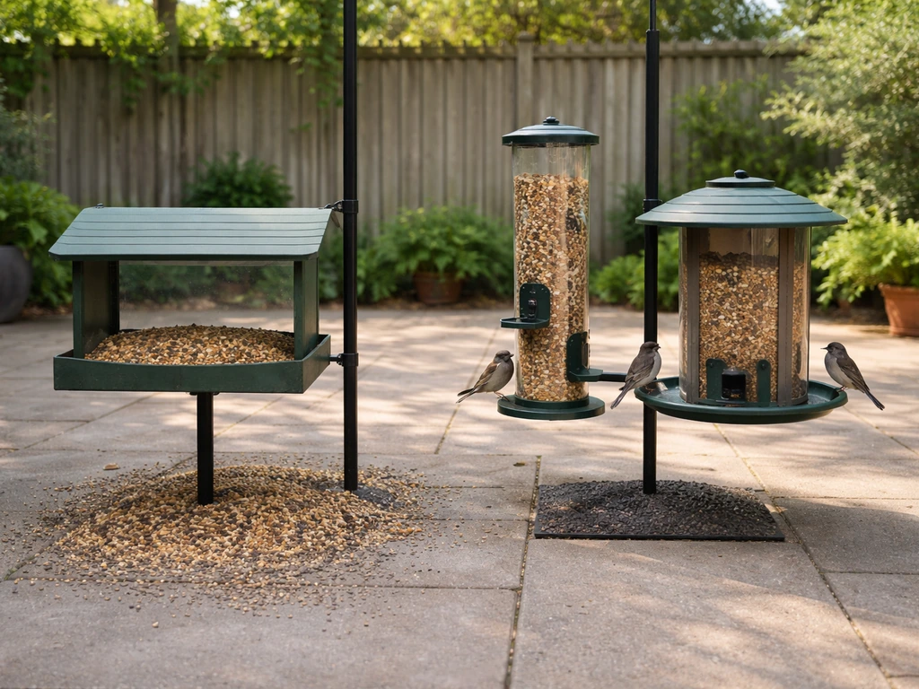 Backyard with two bird-feeders side-by-side—open ground seed vs enclosed feeder reducing spillage.