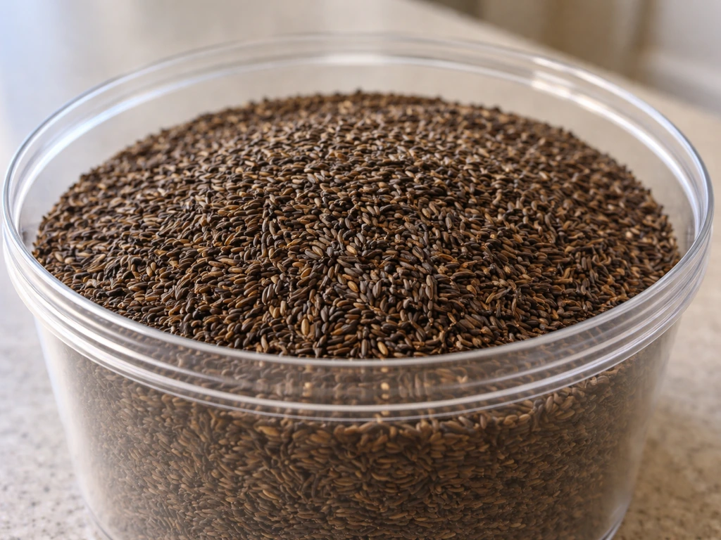 Close-up of nyjer (thistle) bird seed in a clear container showing dry seed texture