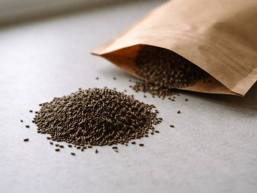 Nyjer seed grains on a countertop beside an unbranded kraft pouch, showing oil-rich seed detail.