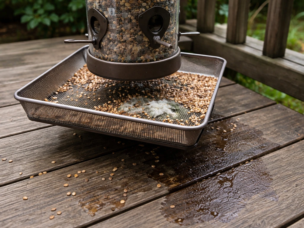 Backyard bird feeder with damp, moldy seed in the tray, no animals present.