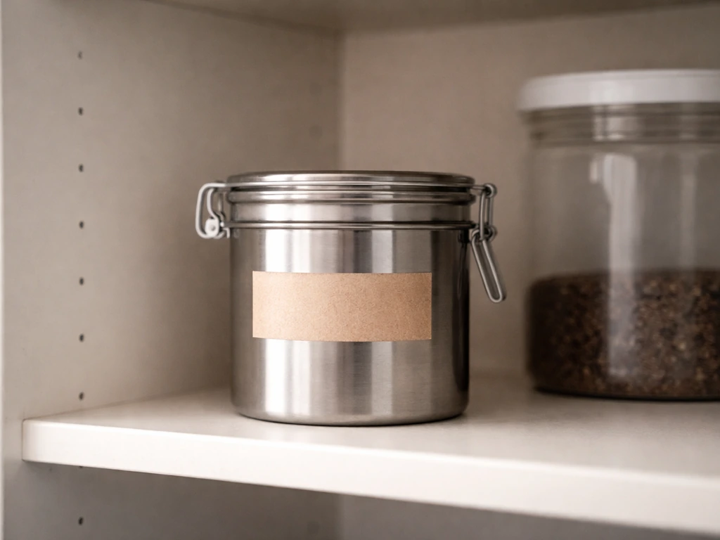 A sealed airtight metal canister of seed on a cool pantry shelf, suggesting dry, cool storage.