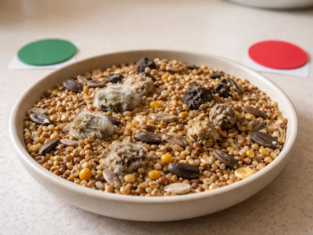 Close-up of bird seed showing moldy, wet, and clumped grains with simple yes/no markers