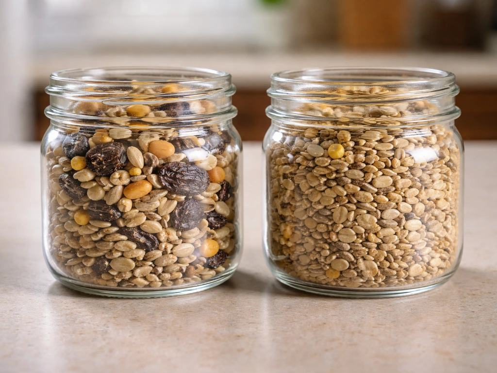 Close-up of two small containers of bird seed, one mixed with dried grapes and the other plain seed