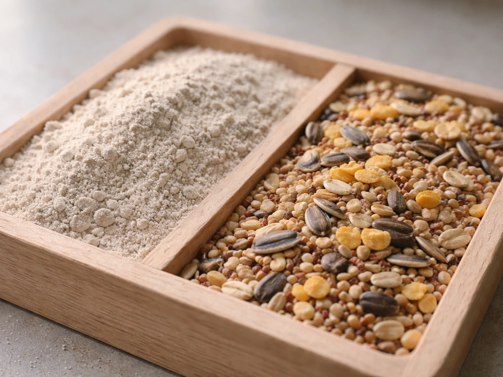 Close-up of pale diatomaceous earth beside dry bird seed in a simple tray