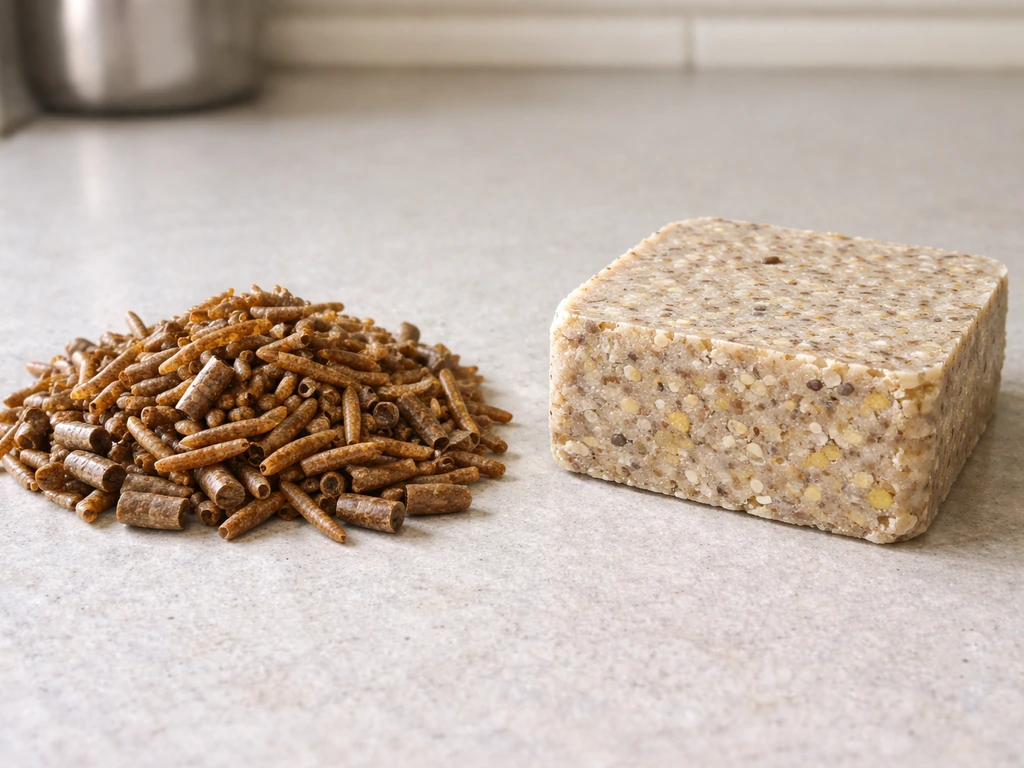Dried mealworms and a suet cake block shown side-by-side on a kitchen counter in natural light.