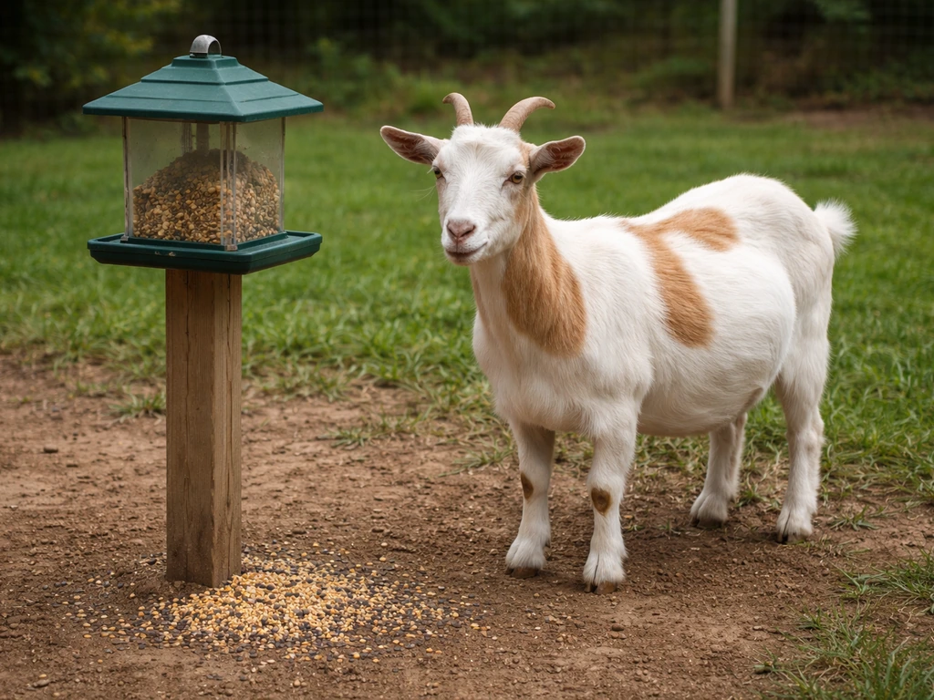 A white goat standing beside a bird feeder with bird seed visible on the ground.