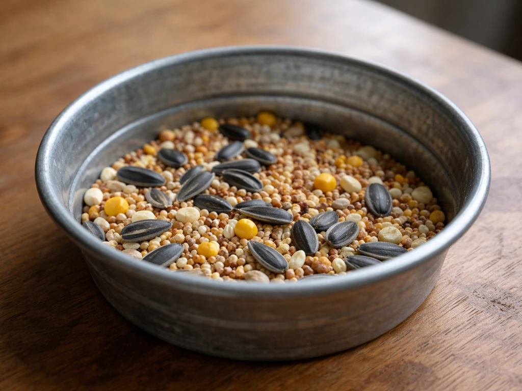 Galvanized bowl with loose bird seed ingredients—sunflower, millet, and cracked corn—on a wooden table.