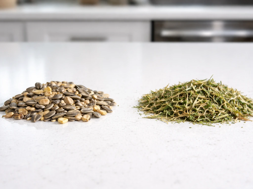 Side-by-side piles of large sunflower seeds vs smaller chopped forage to show choking-size risk.