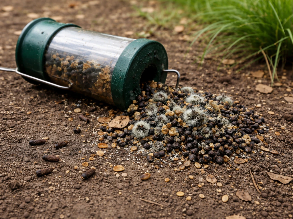 Tipped bird feeder on soil with damp moldy seed and visible rodent droppings.