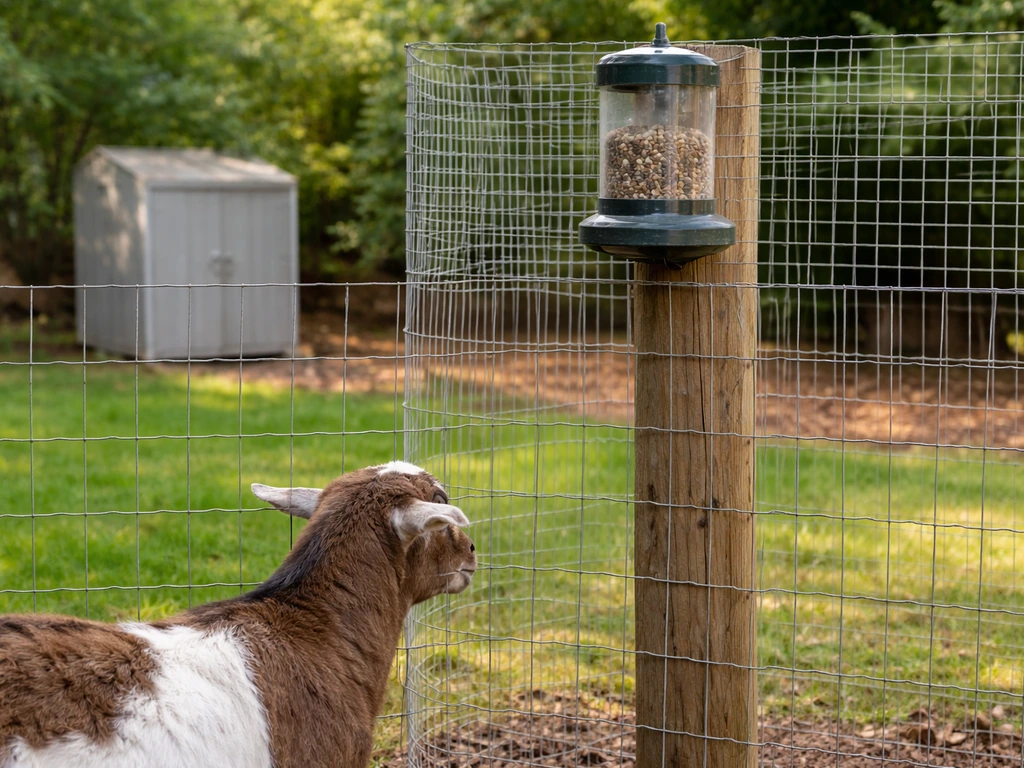 A goat stays behind a barrier while a bird feeder sits high, with closed seed storage in the background.
