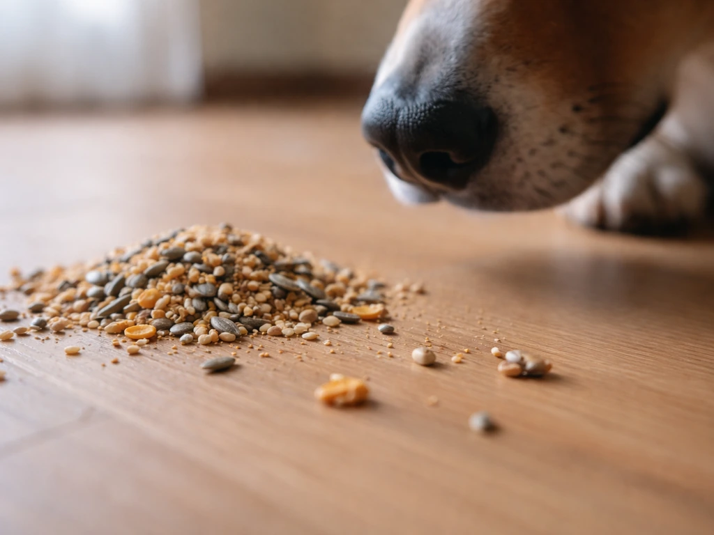 Close-up of spilled bird seed and scattered bird-food items near a dog’s nose, suggesting a safety concern.