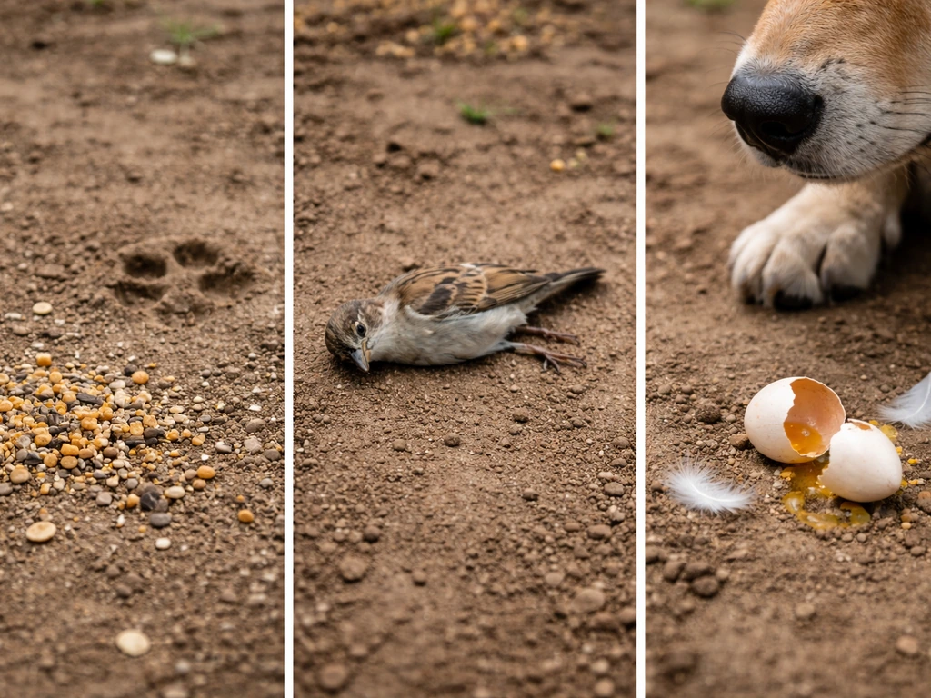 Dog near bird seed, a whole small bird, and a cracked egg with a few feathers nearby.