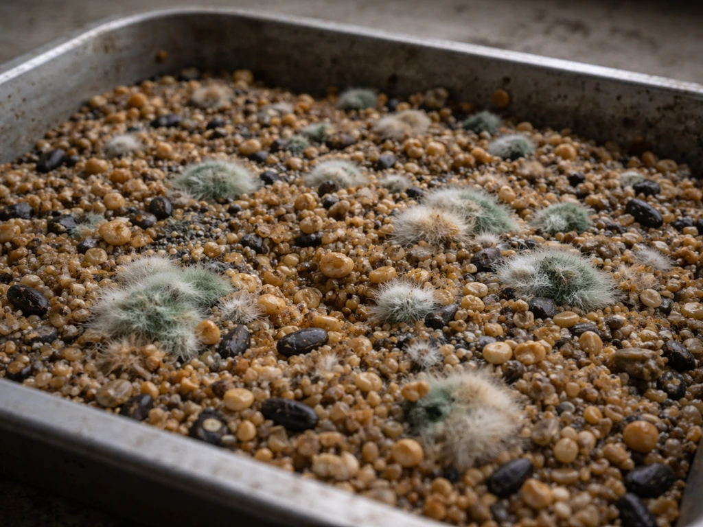 Damp, clumped bird seed with visible mold spots in a dim tray-like setting