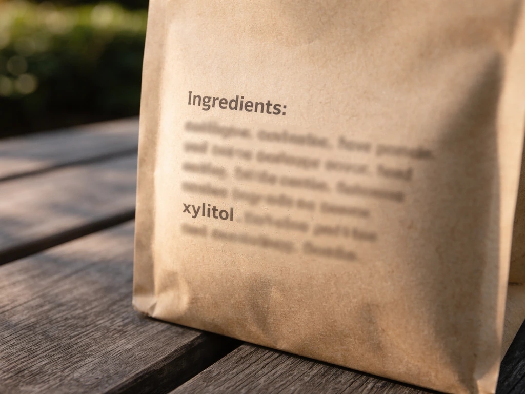 Close-up of generic bird food packaging label with “xylitol” in the ingredient list, blurred surrounding text.
