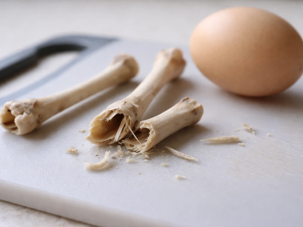 Close-up of cracked hollow bird bones with splinters beside a nearby egg on a cutting board.