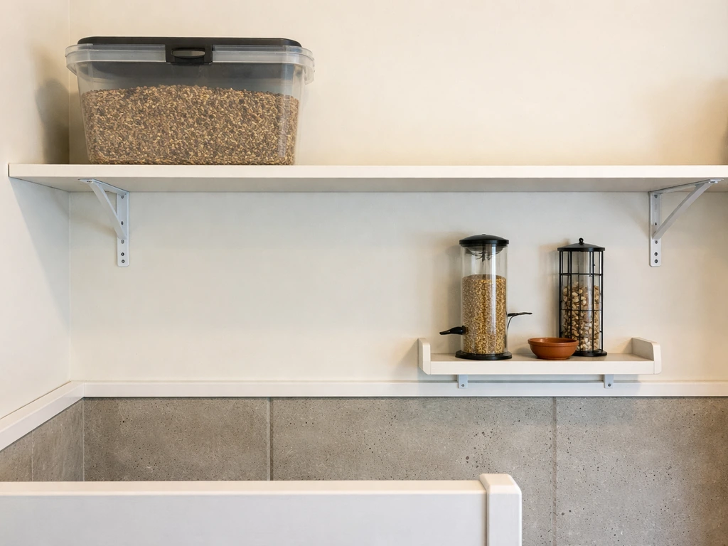 Sealed bird-seed container on a high shelf with an out-of-reach feeder area nearby.