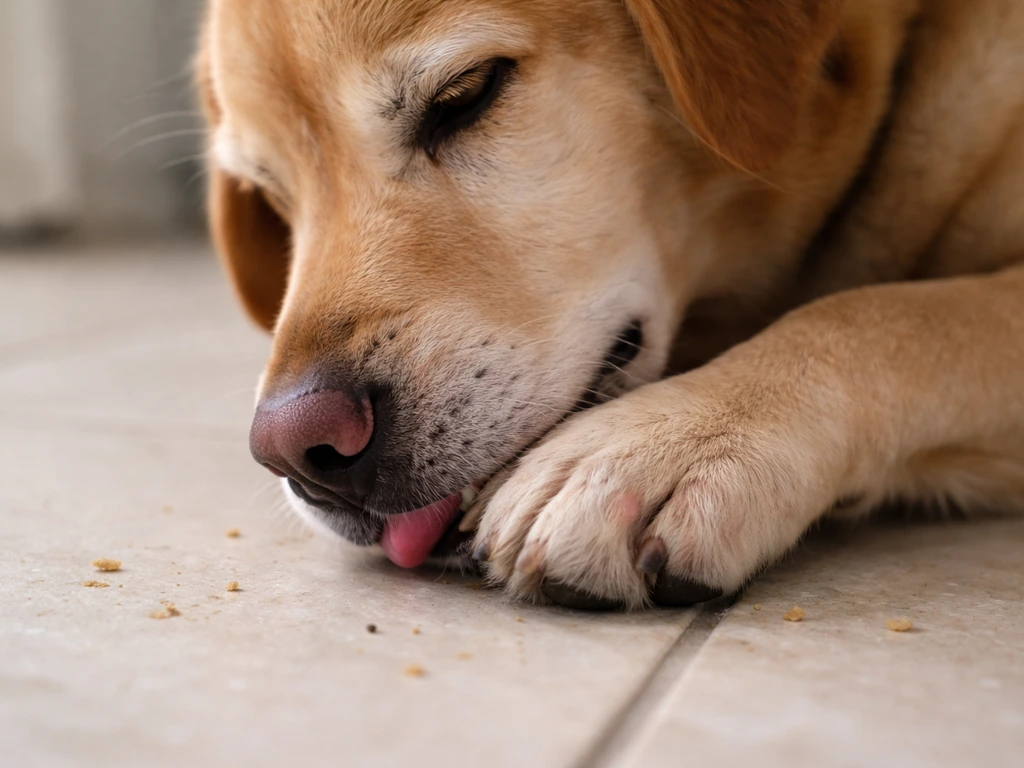 Dog rubbing its muzzle on the floor and licking its paw near a simple feeder area.