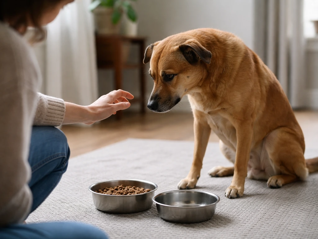 Caregiver crouched beside a dog that has turned away from an empty food bowl, suggesting GI distress.