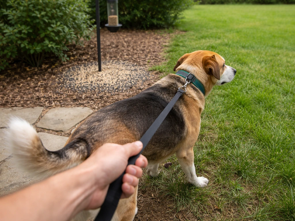 An adult dog on a leash is guided away from a bird feeder and seed area in a garden.