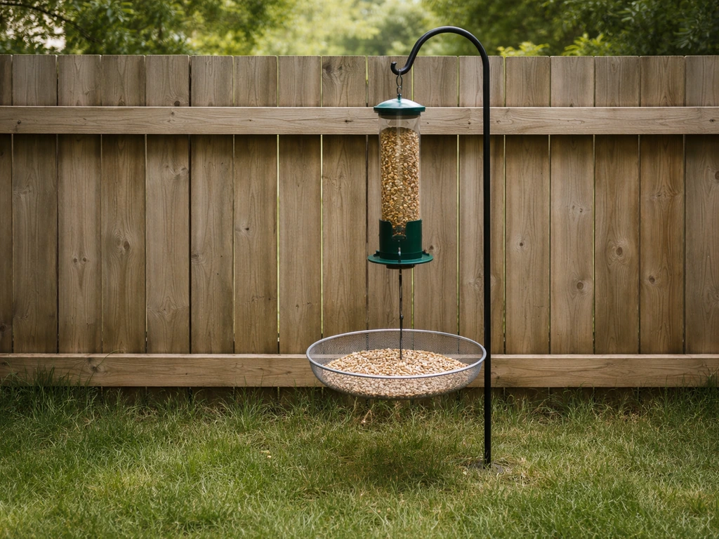 Bird feeder placed behind a fence with a catch tray underneath to collect fallen seeds safely.