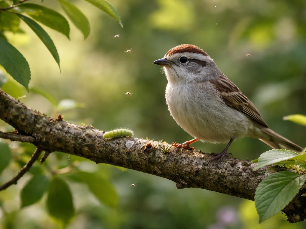 Small bird perched in a backyard with visible insects near it on a branch and leaves.