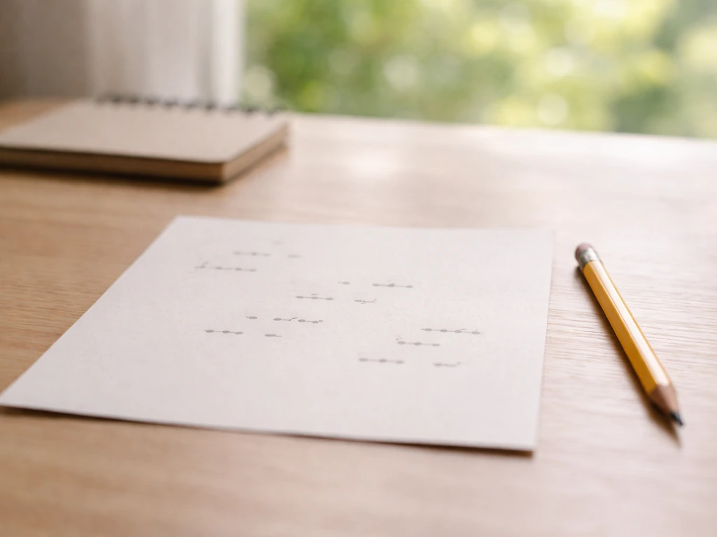 Minimal desk scene with pencil and paper showing abstract range-like dot groups, no readable text.