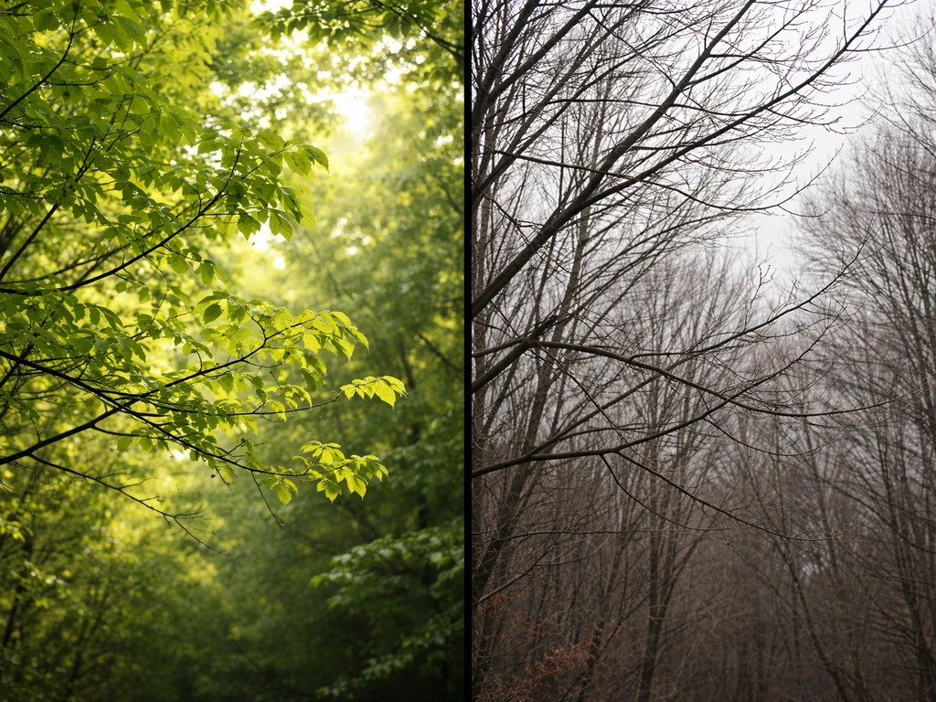 Split image of leafy spring/summer branches with a few insects versus bare winter branches with none.