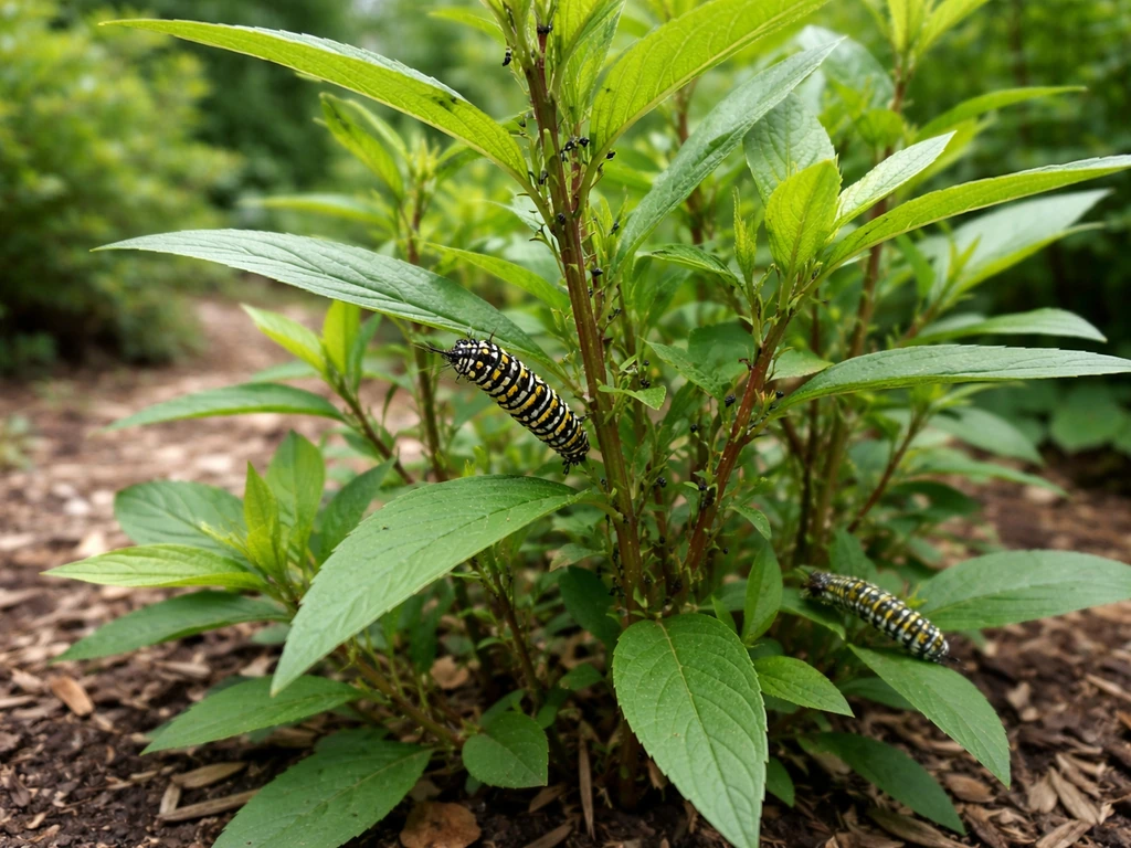 Close-up of native plants with caterpillars, showing a safe pesticide-free insect-friendly garden habitat.