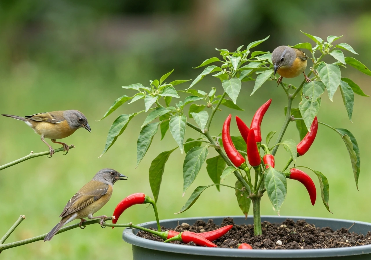 Small garden birds perched near ripe red chilli plants, captured in natural light.