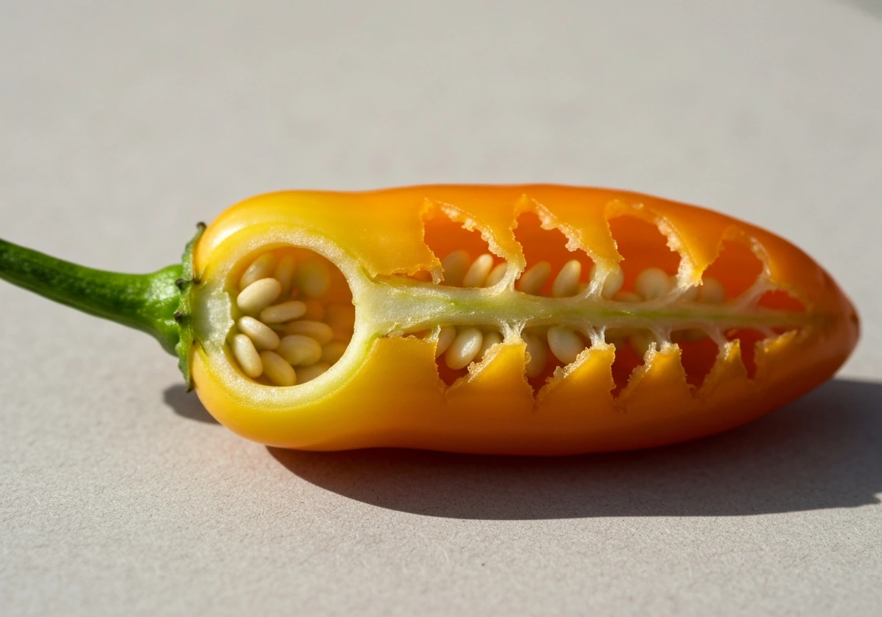 Extreme close-up of a chilli showing clean hollowed interior and ragged peck holes on the side.