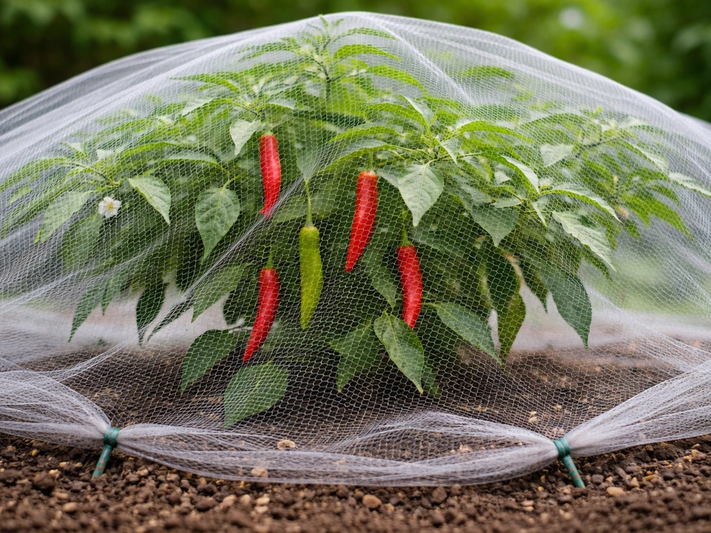 Fine-mesh netting secured over a chilli plant to block birds.