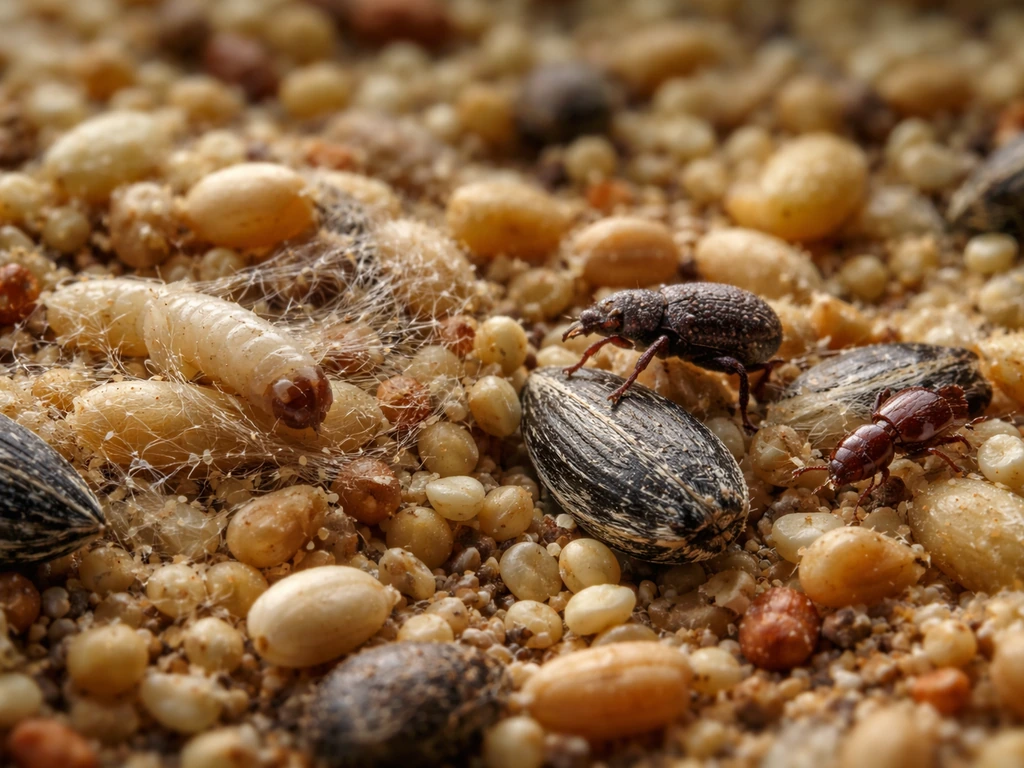 Macro close-up of meal moth larvae with slight webbing, plus a weevil and grain beetle on bird seed