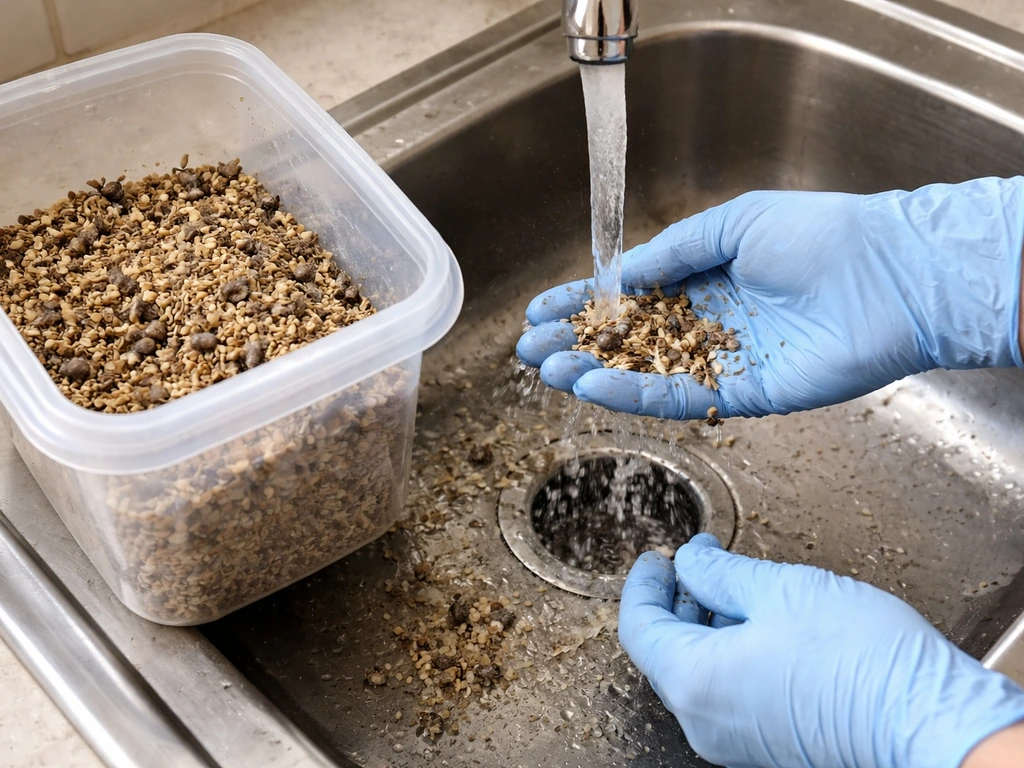 Gloved hands washing near a bin of dry bird seed with tiny insects to show safe handling.