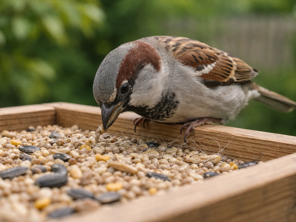 A small songbird perched at a backyard feeder, eating from a tray with visible seed and tiny larvae