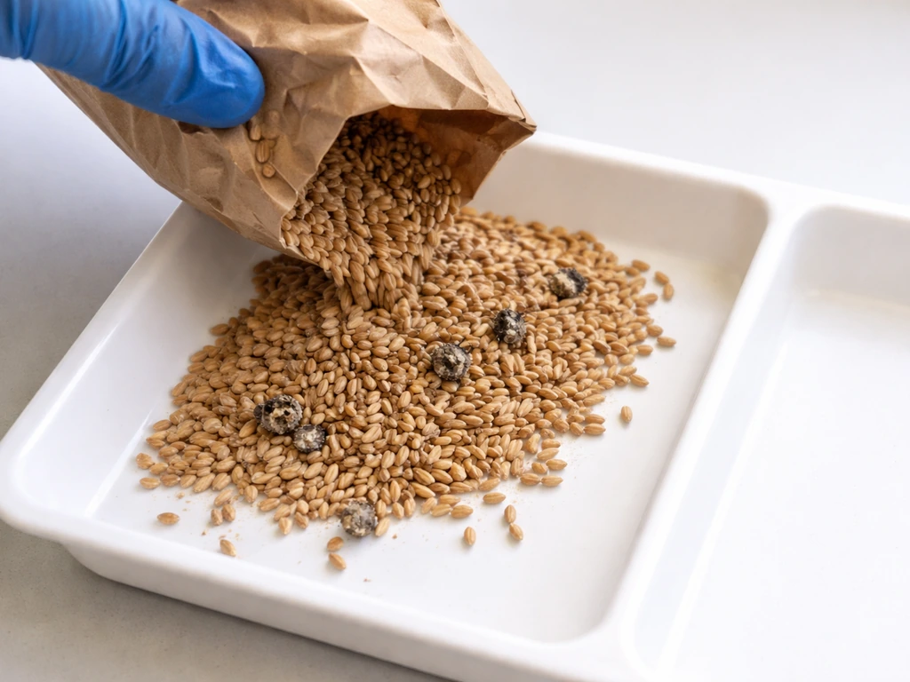 Gloved hand pours grain seeds into a white tray to inspect for insects and mold clumps.
