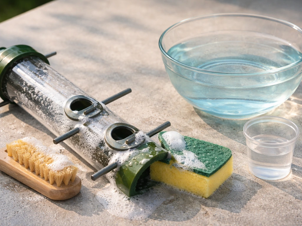 Bird feeder parts being scrubbed on a clean surface beside a bowl of diluted bleach solution.