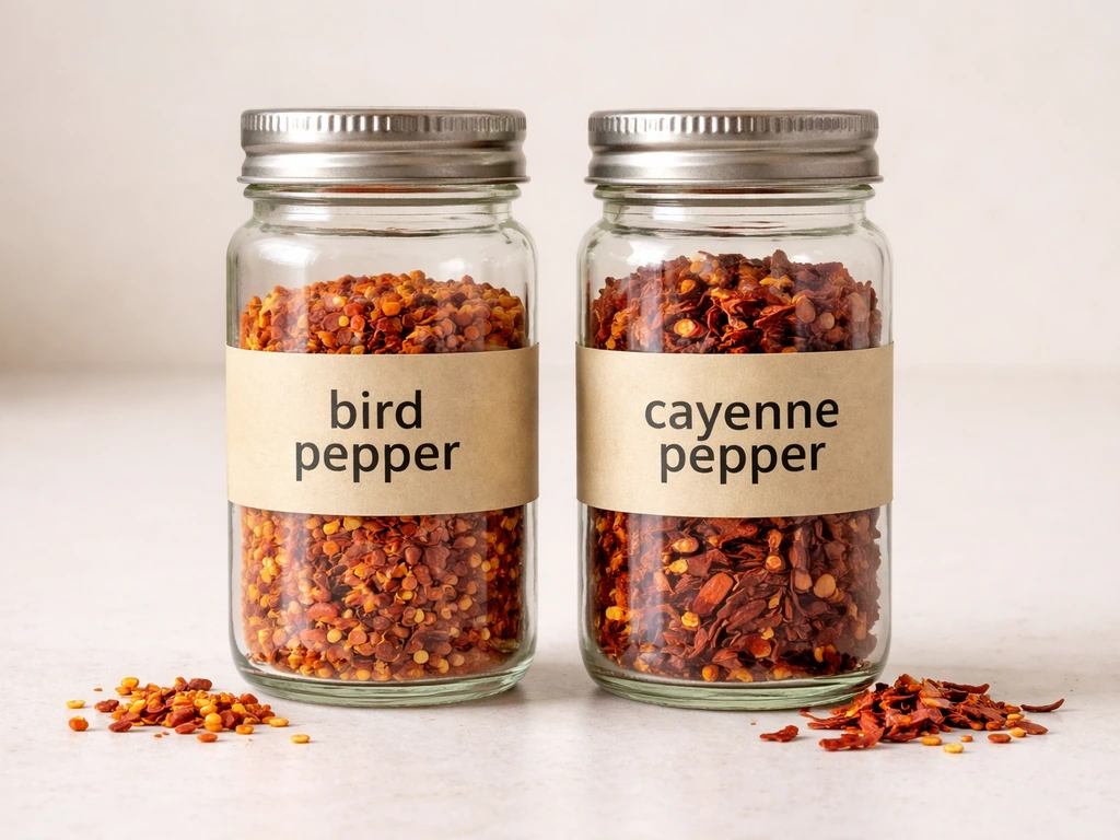 Two spice jars labeled “bird pepper” and “cayenne pepper” with dried pepper pieces showing different colors.