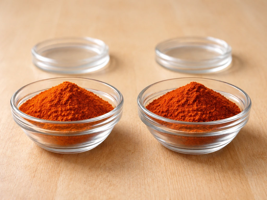 Two small bowls of different red ground chili powders on a wooden table, side-by-side.