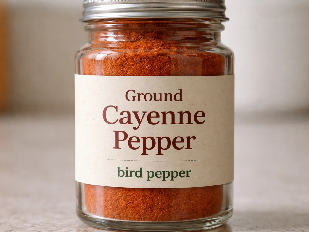 Close-up of spice bottle label showing “Ground Cayenne Pepper” and a contrasting “bird pepper” entry