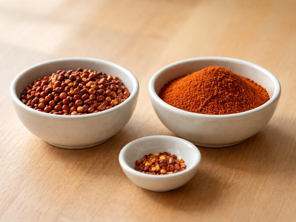 Small dried bird pepper chiltepin-style pieces and cayenne powder in separate bowls on a wooden table.