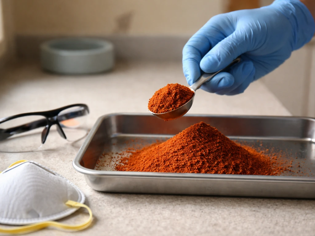 Gloved hands measuring concentrated chili powder with a scoop; goggles and an empty pet bowl nearby.