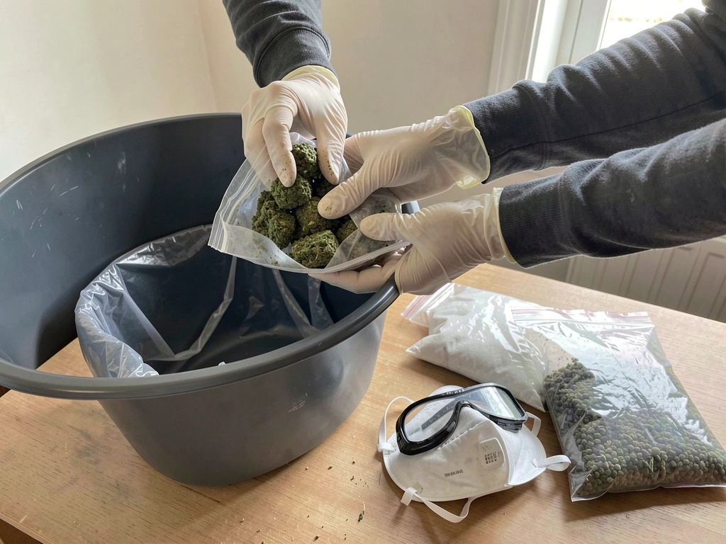 Gloved hands bagging moldy bird seed with N-95 mask and goggles for safe disposal