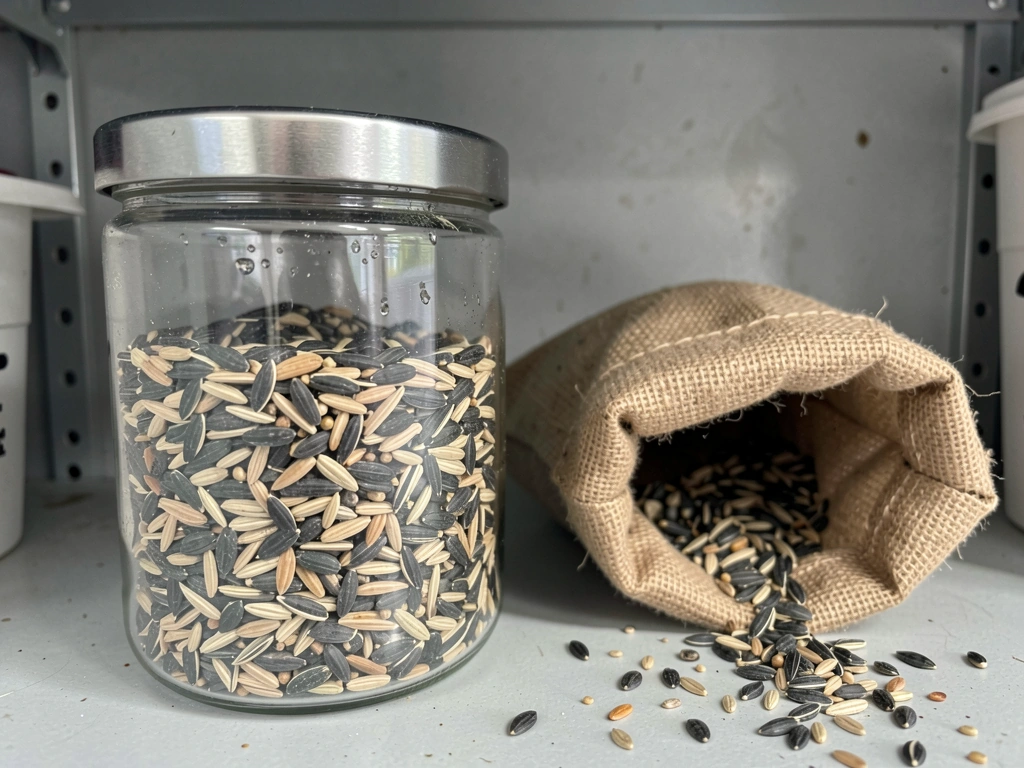 Airtight container of dry bird seed on a shelf beside an open bag for contrast