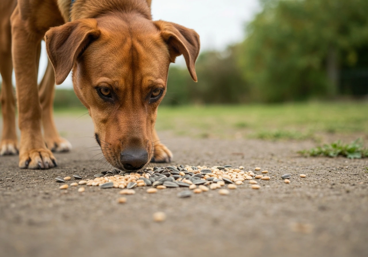 Brown dog sniffing and nosing scattered bird seed on a quiet outdoor walkway
