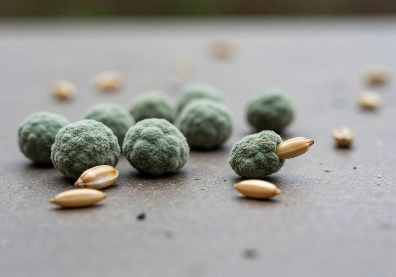 Close-up of moldy bird seed with clumped grains and fuzzy green-gray growth on the surface.