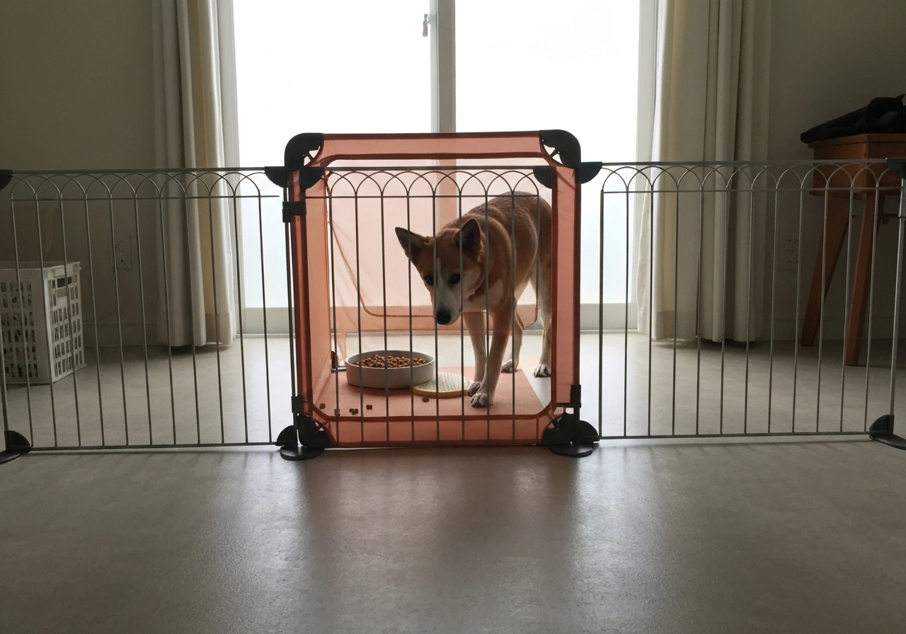 Medium dog separated by a portable exercise pen, blocking access to a feeder area indoors.
