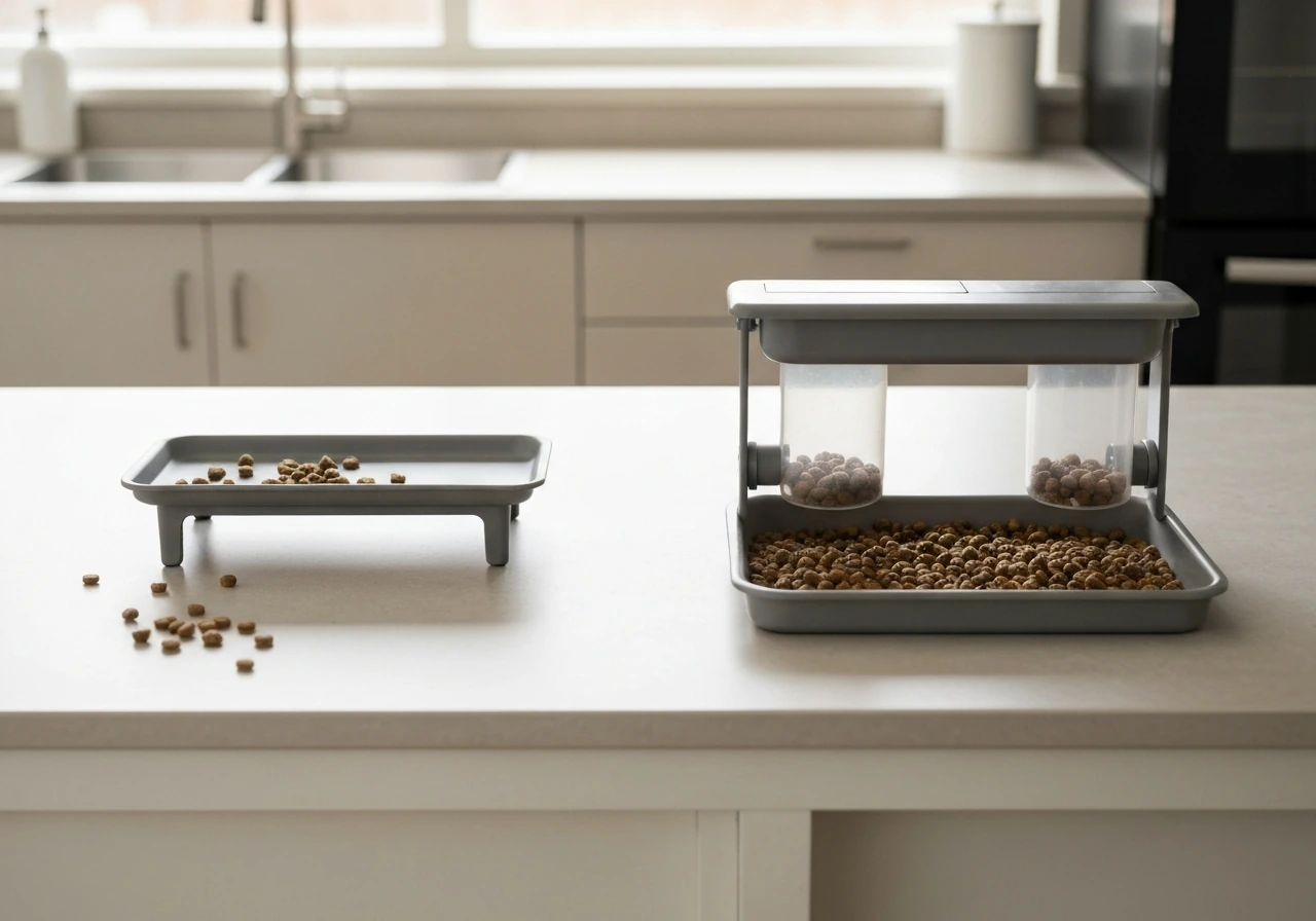 Two side-by-side dog feeder setups on a table: open platform with scattered food vs tube feeder with catch tray.