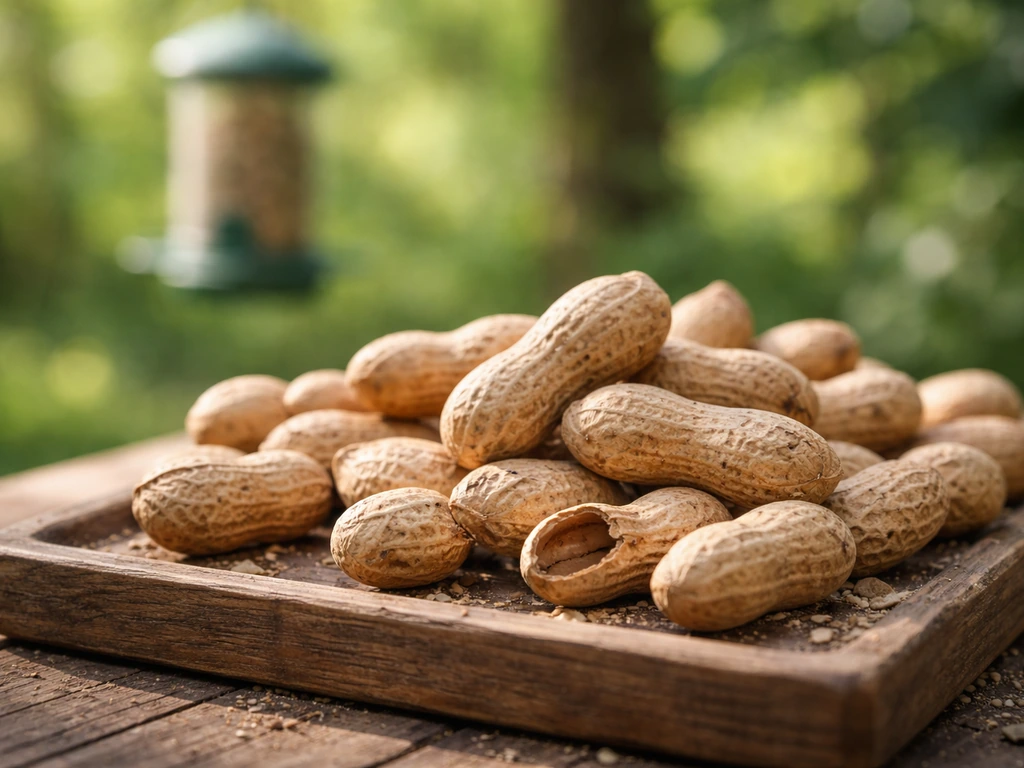 Raw in-shell bird peanuts on a wooden tray outside near a backyard bird feeder, wildlife food vibe.